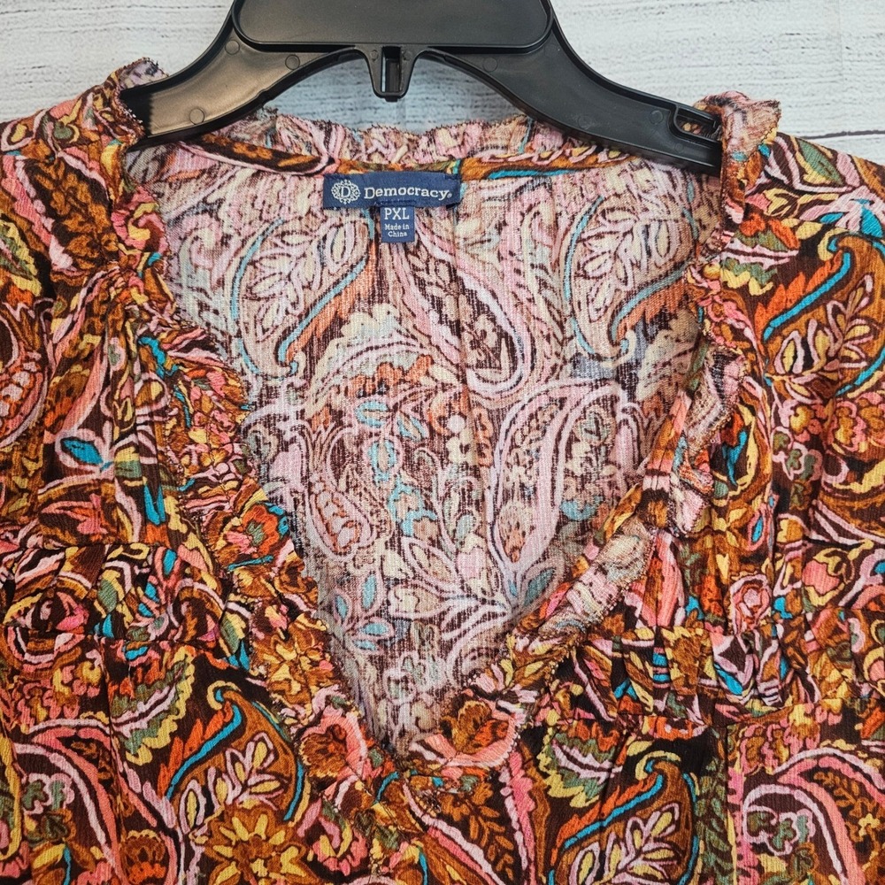 Democracy Petite XL Rayon Raw Ruffle Hem V-Neck Short Sleeve Shirt 1195